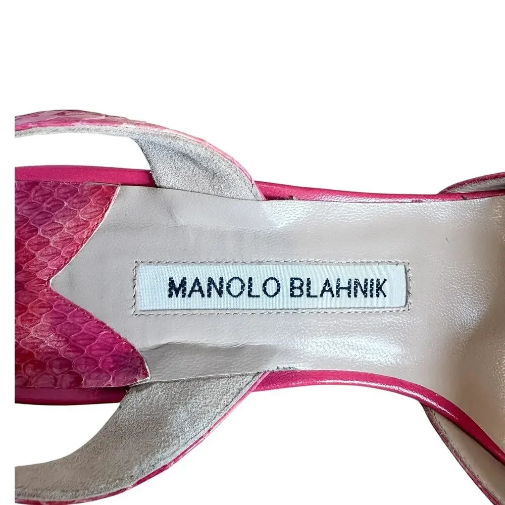 Manolo Blahnik Pink Snakeskin Leather Carolyne Slingback Pointed Toe Pump 39.5
